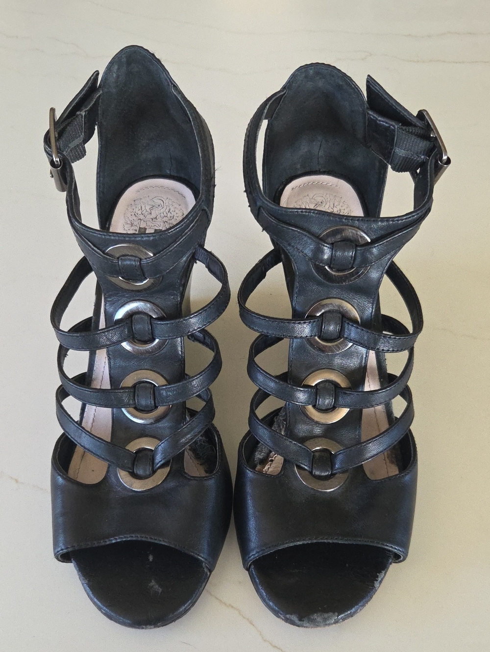 Vince Camuto Black Strappy Open-Toe Wedge Heels